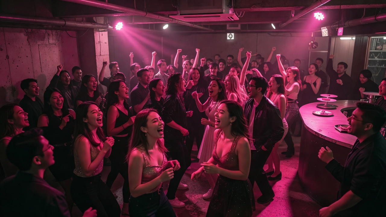 Hongdae youth indie club crowd dancing under neon lighting in Seoul