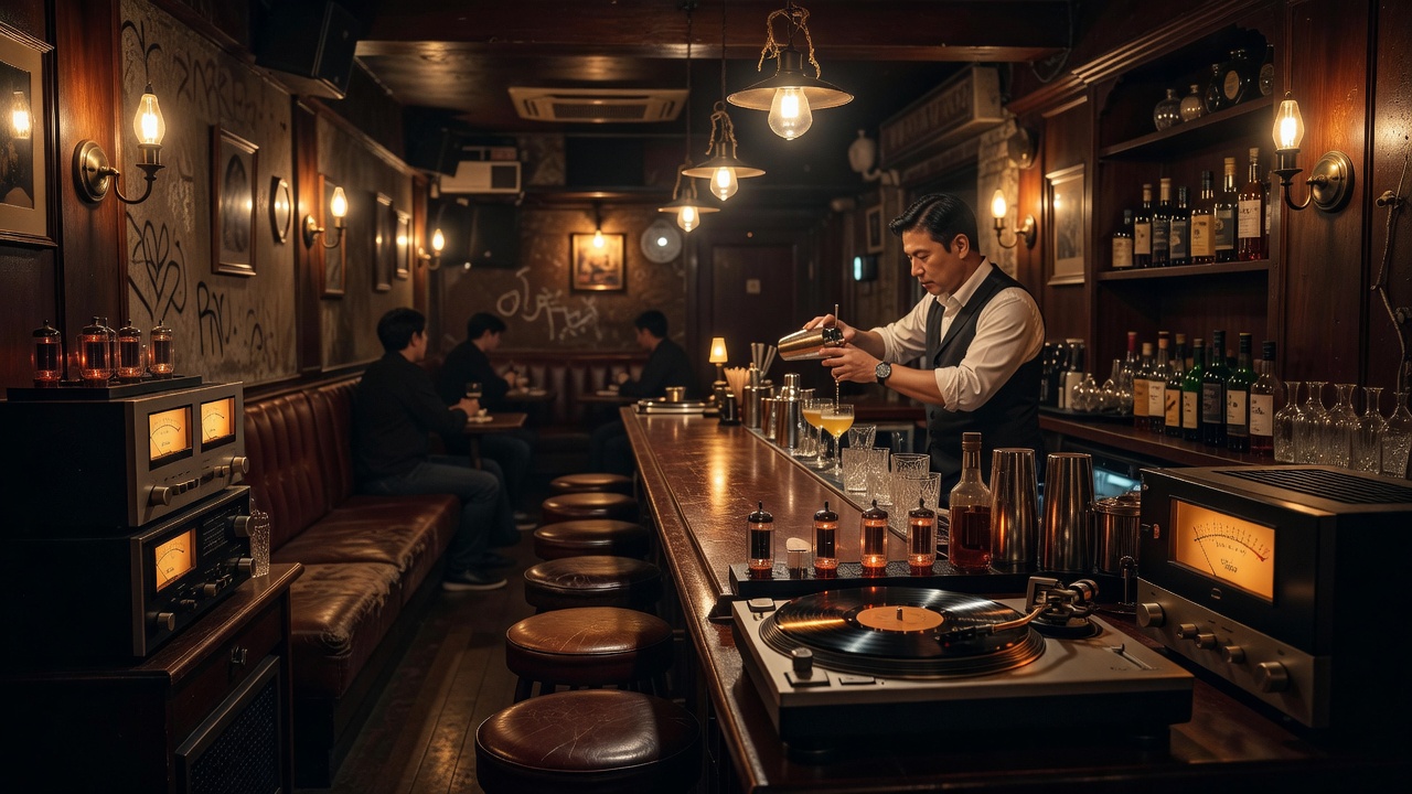 Euljiro hidden cocktail bar with warm incandescent lighting and vintage vinyl audio gear
