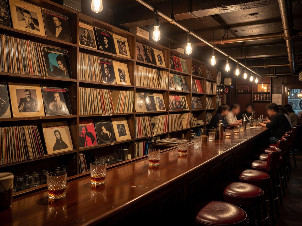 Euljiro secret speakeasy bar with vintage vinyl records and warm incandescent lighting