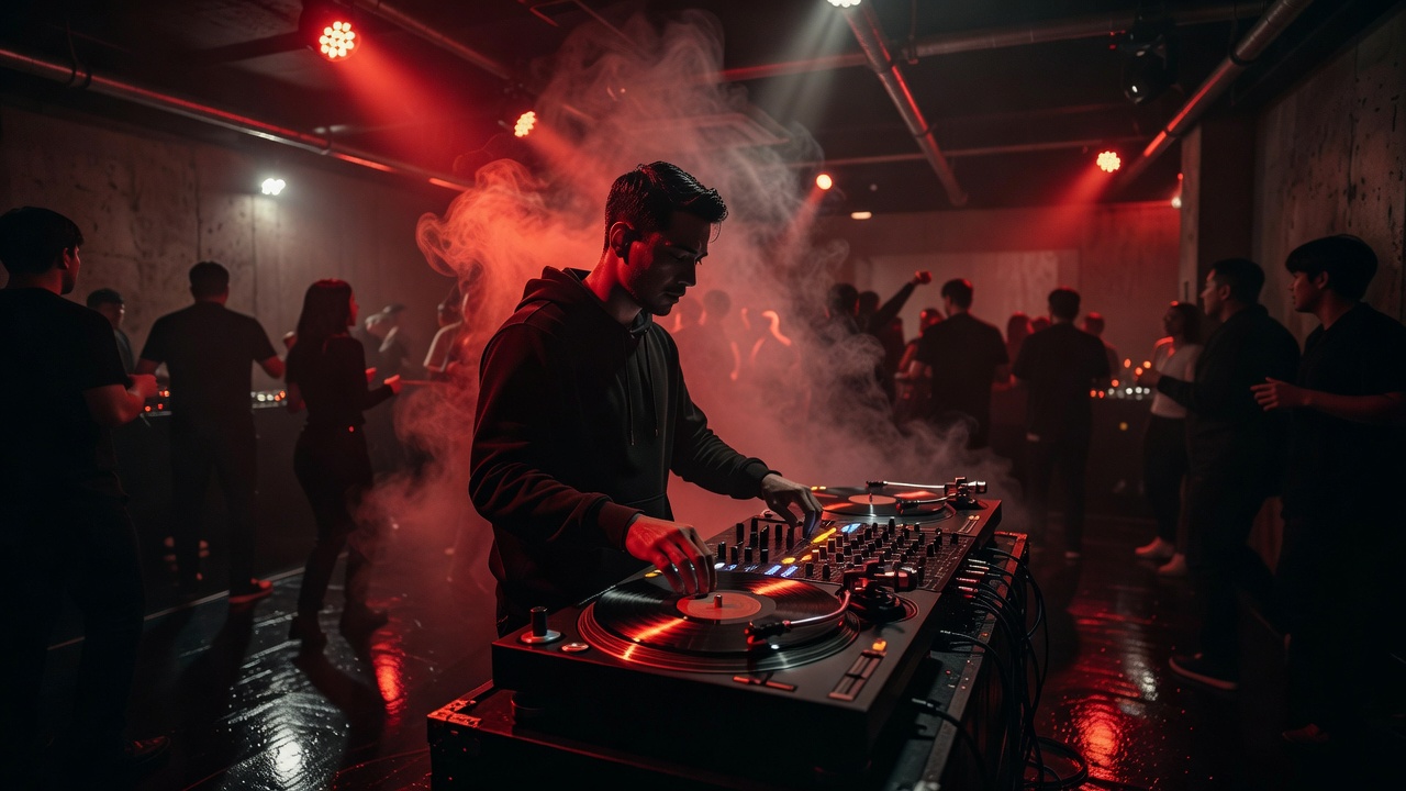 Faust Seoul Itaewon club dark moody ambient red lighting with DJ playing vinyl records