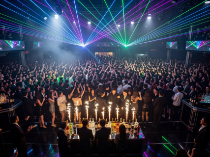 Club Octo Seoul main stage with heavy laser lighting, smoke cannons and thousands of clubbers