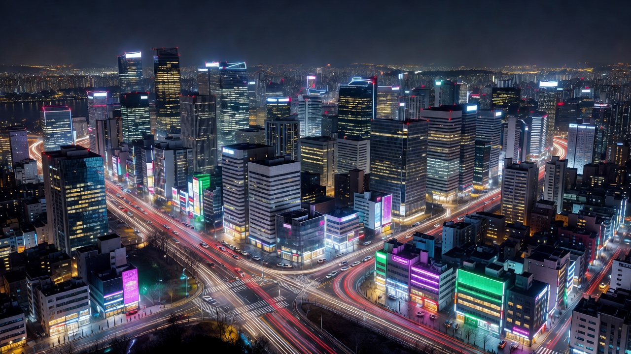 Seoul city night skyline with illuminated streets and neon glowing signs